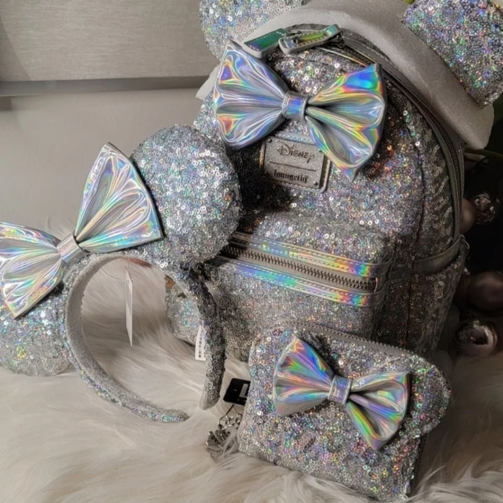 Set of 3!Silver Holographic Sequin Loungefly Backpack&Wallet&Ears